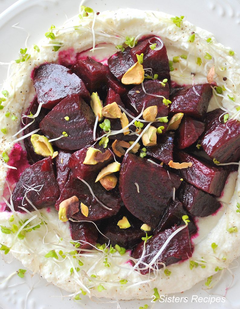 Beet Salad with Pomegranate Vinaigrette over Creamy Ricotta by 2sistersrecipes.com