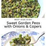 A white bowl filled with baby peas, and a forkful of them with onions.