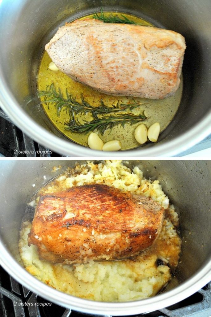  A tall pot with the Roast with olive oil. rosemary and Onions on Stove-Top by 2sistersrecipes.com