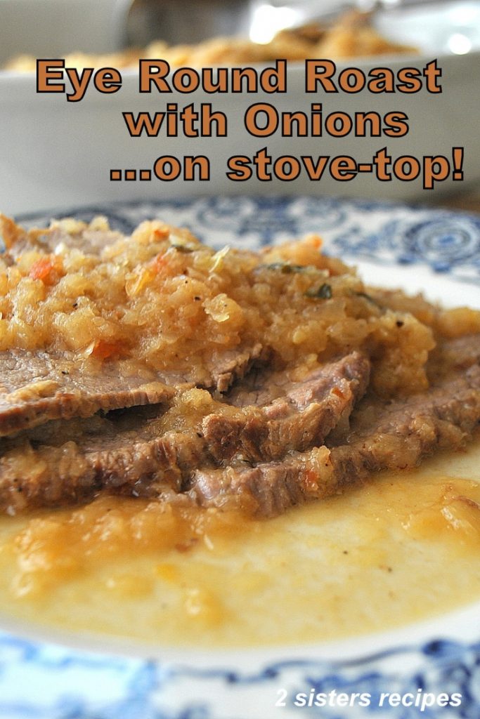 A serving of sliced meat with caramelized onions on top served on a white and blue plate.