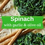 A plate filled with sautéed spinach and breadsticks on the side.