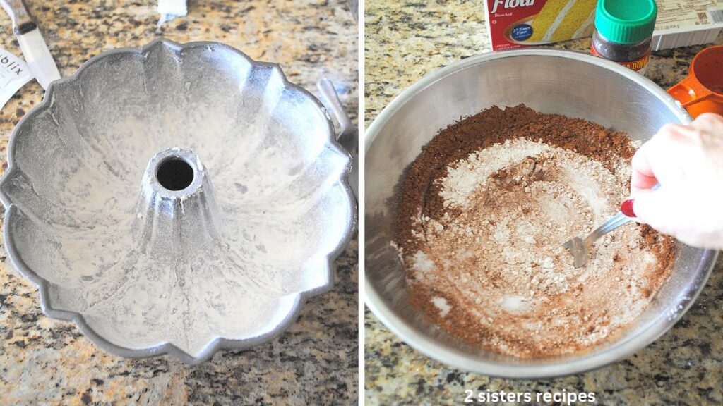 A floured cake Bundt pan and a mixing bowl with flour and cocoa with a fork stirring.