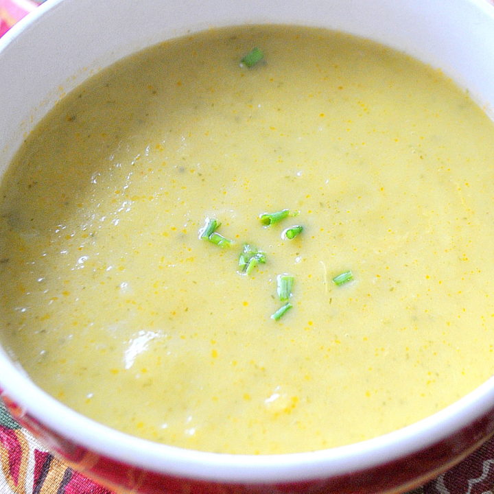 bowl of zucchini soup by 2sistersrecipes.com