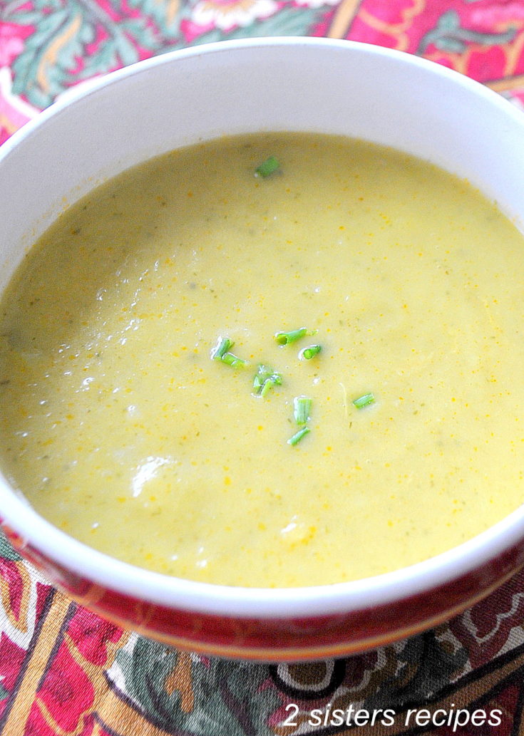 bowl of zucchini soup by 2sistersrecipes.com