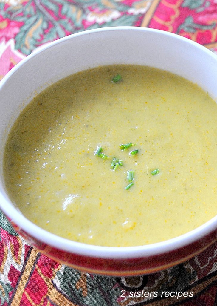 A bowl of Zucchini Soup by 2sistersecipes.com 