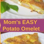 A slice of potato omelet served on a white plate.