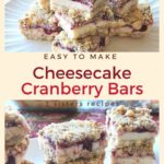 A platter filled with cheesecake cranberry bars with a crumble on top.