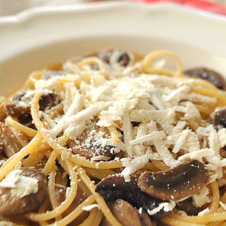 Spaghetti with Wild Mushrooms, Cognac and Truffle Oil by 2sistersrecipes.com
