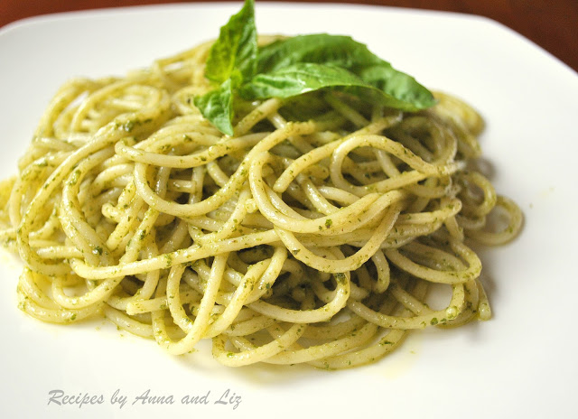 Spaghetti with Basil Pesto Sauce by 2sistersrecipes.com