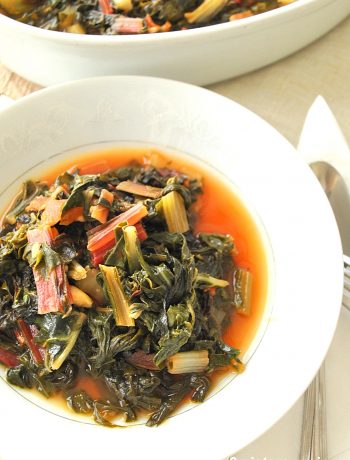Swiss Chard Steamed with Tomatoes, Garlic and Olive Oil by 2sistersrecipes.com