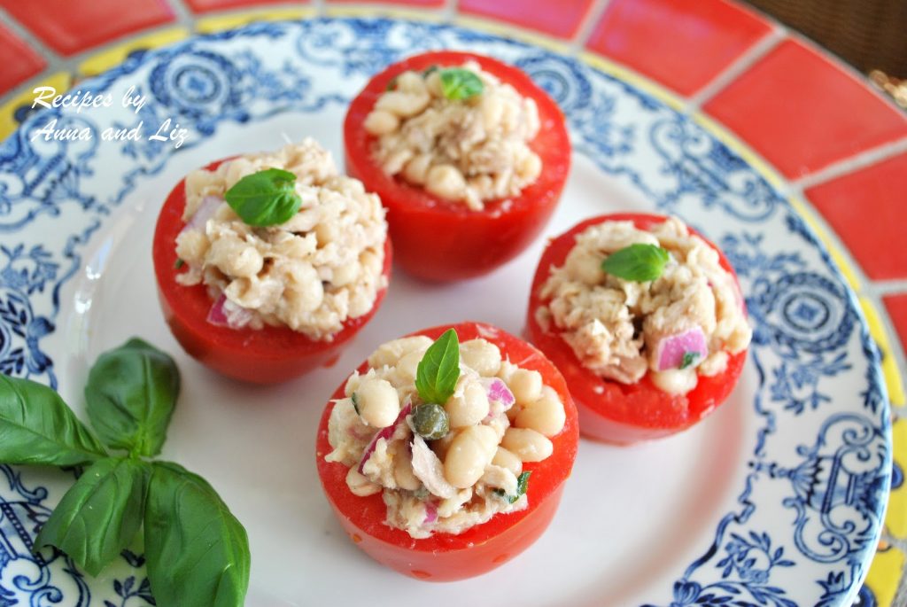 Tomatoes Stuffed with Tuscan White Bean Tuna Salad.  by 2sistersrecipes.com 