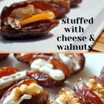 Dates filled with a creamy cheese and walnut and served on a white plate.