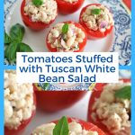 Little tomatoes hollowed out and stuffed with white bean salad topped with a mint and capers.