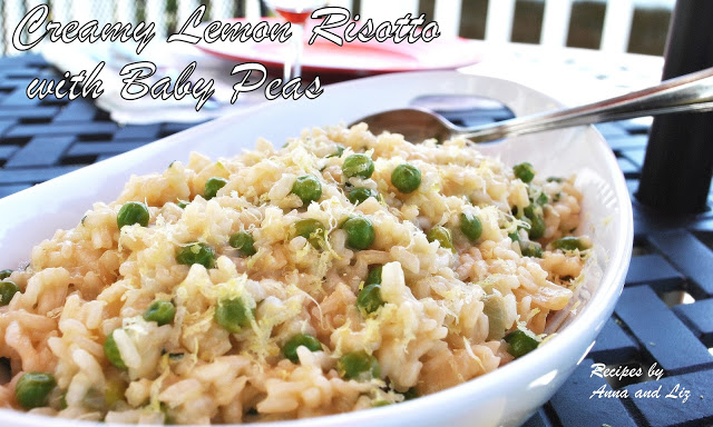 A white bowl filled with cooked Italian rice with peas.