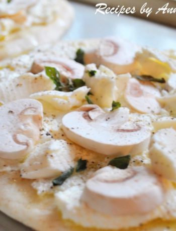 White Pita Pizza with Mushrooms Ricotta and Herbs by 2sistersrecipes.com