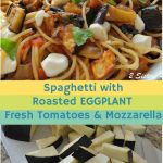 A white bowl filled with spaghetti, eggplant and mini mozzarella balls.