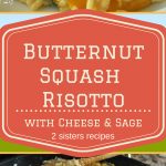 A white plate filled with cooked risotto with chunks of butternut squash.