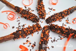 Witches Wands!  Chocolate Covered Pretzel Rods with Sprinkles