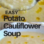 A spoonful of creamy soup made with potato and cauliflower.