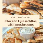 A white platter filled with Chicken Quesadillas with sour cream in a white small bowl in the center.