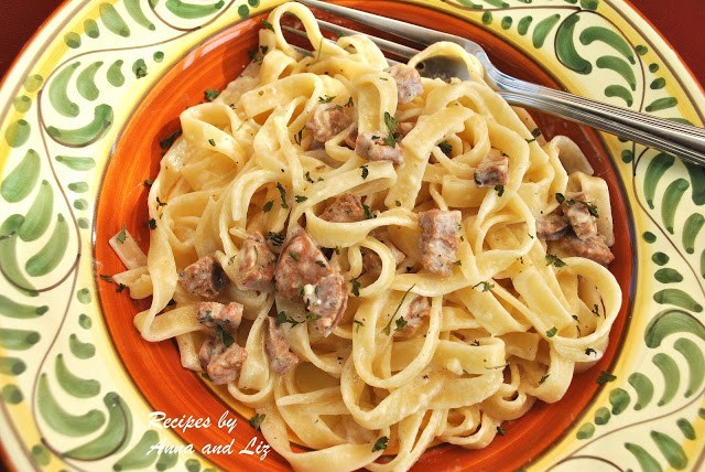 Classic Fettuccine Alfredo with Sausage by 2sistersrecipes.com 