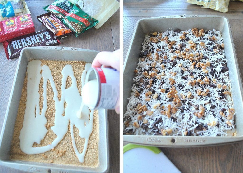 A photo of pour the milk over the cookie layer, and a photo of the final tray. by 2sistersrecipes.com 
