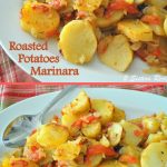 Roasted sliced white potatoes with tomatoes and seasonings served on a white platter.