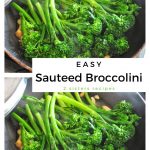 A black skillet filled with fresh broccolini and garlic.