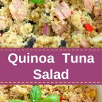 A bowl of quinoa salad with tuna and mix veggies with fresh basil leaves on top.