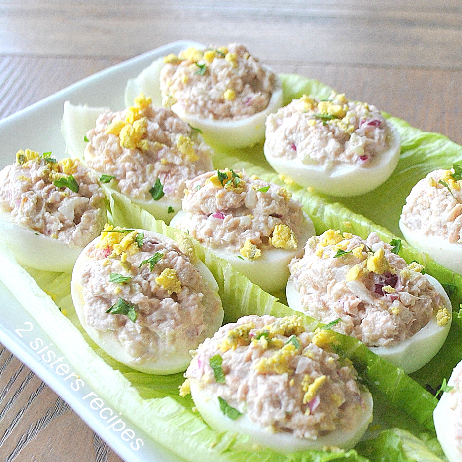 Tuna-Stuffed Deviled Eggs by 2sistersrecipes.com 