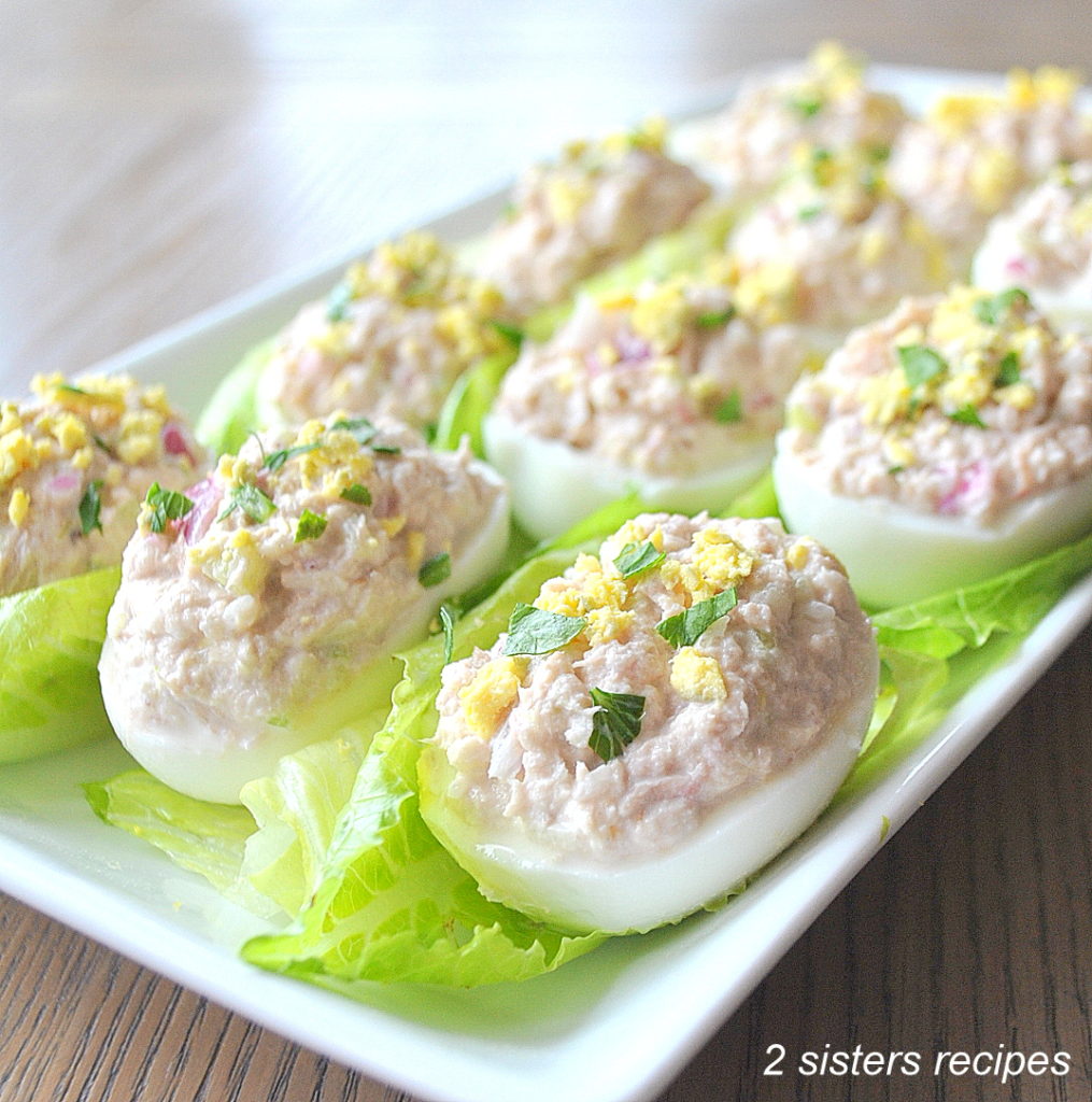 Tuna-Stuffed Deviled Eggs by 2sistersrecipes.com