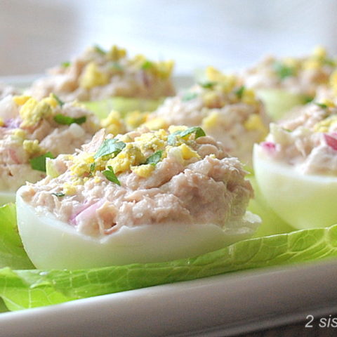 Tuna-Stuffed Deviled Eggs by 2sistersrecipes.com