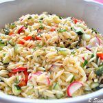 Orzo Salad with chopped radishes, cherry tomatoes, and cucumbers tossed with a Champagne Vinaigrette.