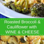 A white serving platter filled with roasted broccoli and cauliflower florets topped with grated cheese.