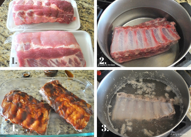  Four photos of ribs in a pot of boiling water by 2sistersrecipes.com