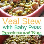 A red casserole baking dish filled with a veal stew with baby peas.