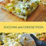 A slice of zucchini and cheese pizza served on a cutting board.