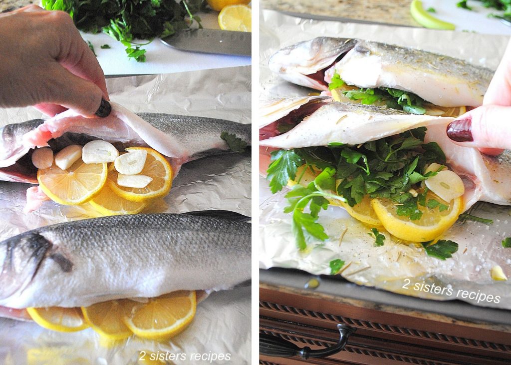 2 photos of stuffing the whole fish with garlic, lemon slices and parsley.   by 2sistersrecipes.com