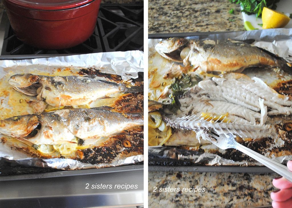 Showing how to debone the whole fish on baking sheet. by 2sistersrecipes.com