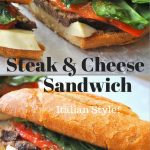 An Italian loaf of bread stuffed with sliced steak, mozzarella cheese, spinach and peppers.