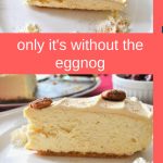 Eggnog Cheesecake with Candied Pecans & Cranberry Compote served on a white plate.