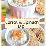 A small ramekin with a creamy dip served on a platter with crackers and veggie sticks.
