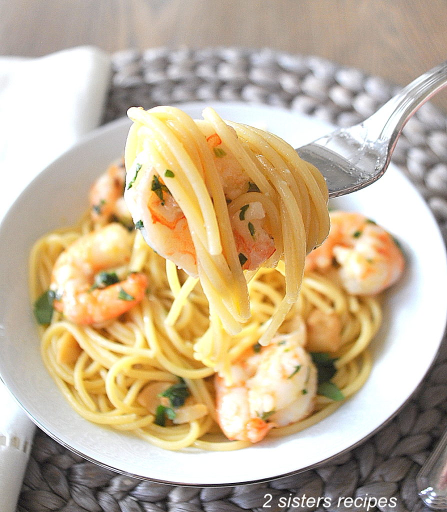 Spaghetti with Shrimp Olive Oil Garlic & Wine by 2sistersrecipes.com 