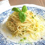A blue and white dish with a pile of spaghetti and fresh basil leaves on top.