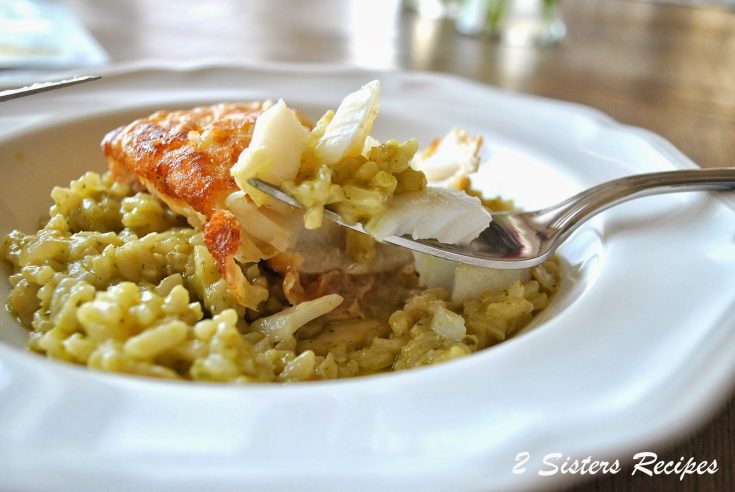 a forkful of fried cod with pesto risotto. by 2sistersrecipes.com