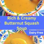 A colorful bowl and spoonful of creamy pureed butternut squash soup.