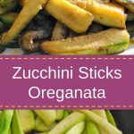 A platter filled with zucchini sticks, and a skillet with raw zucchini sticks cooking.