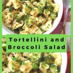 Tortellini and Broccoli Salad served in a white salad bowl.