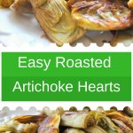 A white platter filled with roasted artichoke hearts.