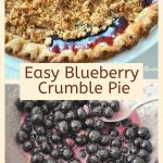Blueberry pie served in a white pie dish. And fresh blueberries in a silver bowl.